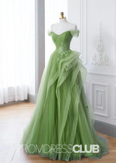 Sibyl |Green Lace Long Prom Dresses With A - Line Off Shoulder - Price #price_variant_lowest# - Green - PromDressClub